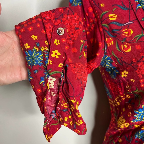 Anthropologie Maeve Blouse Top Colorful Floral XS Red V-Neck Bib Front Pleated - Picture 5 of 7